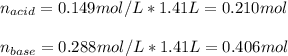 n_{acid}=0.149mol/L*1.41L=0.210mol\\\\n_{base}=0.288mol/L*1.41L=0.406mol