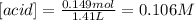 [acid]=\frac{0.149mol}{1.41L} =0.106M