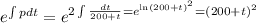 e^{\int p dt}=e^{2\int \frac{dt}{200+t}=e^{\ln(200+t)^2}=(200+t)^2