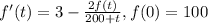 f'(t)=3-\frac{2f(t)}{200+t}, f(0)=100