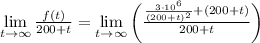 \lim\limits_{t \to \infty} \frac{f(t)}{200+t}=  \lim\limits_{t \to \infty}\left(\frac{\frac{3\cdot 10^6}{(200+t)^2}+(200+t)}{200+t}\right)
