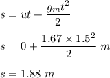 s=ut+\dfrac{g_mt^2}{2}\\\\s=0+\dfrac{1.67\times 1.5^2}{2}\ m\\\\s=1.88\ m
