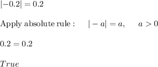 \left|-0.2\right| = 0.2\\\\\mathrm{Apply\:absolute\:rule}:\quad \:|-a|=a,\:\quad \:a0\\\\0.2 =0.2\\\\True