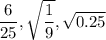\dfrac{6}{25},\sqrt{\dfrac{1}{9}},\sqrt{0.25}