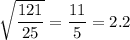\sqrt{\dfrac{121}{25}}=\dfrac{11}{5}=2.2