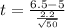 t =  \frac{ 6.5   - 5 }{\frac{2.2}{\sqrt{50} } }