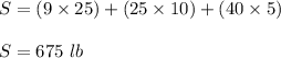 S=(9\times 25)+(25\times 10)+(40\times 5 )\\ \\S=675\ lb