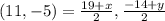 (11, - 5) =  \frac{19 + x}{2} ,\frac{ - 14 + y}{2}