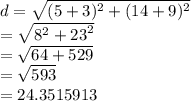 d =  \sqrt{ ({5 + 3})^{2}  +  ({14 + 9})^{2} }  \\  =  \sqrt{ {8}^{2} +  {23}^{2}  }  \\  =  \sqrt{64 + 529}  \\  =  \sqrt{593}  \:  \:  \:  \:  \:  \:  \:  \:  \:  \:   \\  = 24.3515913