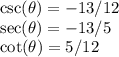 \csc(\theta)=-13/12\\\sec(\theta)=-13/5\\\cot(\theta)=5/12