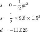 s=0-\dfrac{1}{2}gt^2\\\\s=\dfrac{1}{2}\times 9.8\times 1.5^2\\\\d=-11.025
