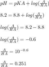 pH=pKA+log(\frac{A}{HA})\\ \\8.2=8.8+log(\frac{A}{HA})\\\\log(\frac{A}{HA})=8.2-8.8\\\\log(\frac{A}{HA})=-0.6\\\\\frac{A}{HA}=10^{-0.6}\\\\\frac{A}{HA}=0.251\\