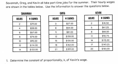 Determine the constant of proportionality,k,of Kevin’s wage.