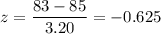 z=\dfrac{83-85}{3.20}= -0.625