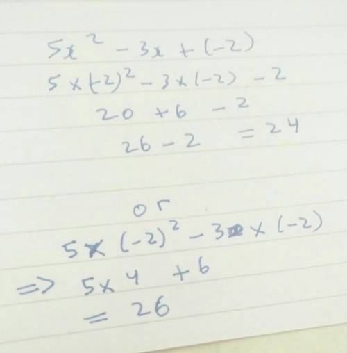 1
If x= - 2, the value of the expression 5x² – 3x + = is
(Type an integer or a decimal.)