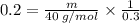 0.2=\frac{m}{40\:g/mol}\times \frac{1}{0.3}