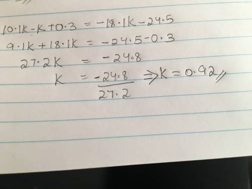 Which equation is equivalent to -k+0.3+10.1k=-24.5-18.1k?