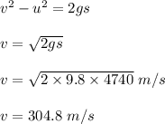v^2-u^2=2gs\\\\v=\sqrt{2gs}\\\\v=\sqrt{2\times 9.8\times 4740}\ m/s\\\\v=304.8\ m/s