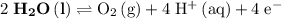 \rm 2\; {\bf H_2O\, (l)} \rightleftharpoons O_2 \, (g) + 4\; H^{+}\, (aq) + 4\; e^{-}