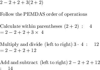 2-2+2+3(2+2)\\\\\mathrm{Follow\:the\:PEMDAS\:order\:of\:operations}\\\\\mathrm{Calculate\:within\:parentheses}\:\left(2+2\right)\::\quad 4\\=2-2+2+3\times\:4\\\\\mathrm{Multiply\:and\:divide\:\left(left\:to\:right\right)}\:3\cdot \:4\::\quad 12\\=2-2+2+12\\\\\mathrm{Add\:and\:subtract\:\left(left\:to\:right\right)}\:2-2+2+12\:\\:\quad 14
