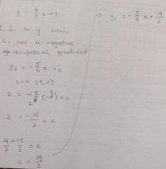 Write the equation of the line perpendicular to y=6/5x+1 that passes through the point (−9,2) in slo