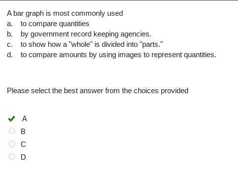A bar graph is most commonly used

a.
to compare quantities
b.
by government record keeping agencies