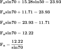\mathbf{F_a sin 70 + 15.28sin 50 =23.93} \\ \\ \mathbf{F_a sin 70 +11.71 =23.93} \\ \\ \mathbf{F_a sin 70 =23.93-11.71 } \\ \\ \mathbf{F_a sin 70 =12.22 } \\ \\ \mathbf{F_a  =\dfrac{12.22 }{sin 70}} \\ \\