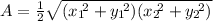 A=\frac{1}{2}\sqrt{(x_1\!^2+y_1\!^2)(x_2 \!^2+y_2\!^2)