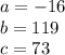 a =  - 16 \\ b = 119 \\ c = 73