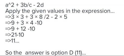 What is the value a2 +3b divided when =3,b=8,c=2,and d=5?