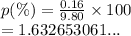 p(\%) =  \frac{0.16}{9.80}  \times 100 \\  = 1.632653061...