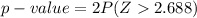 p-value = 2 P(Z 2.688  )