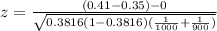 z =  \frac{( 0.41 -0.35 ) - 0}{\sqrt{0.3816 (1 - 0.3816 ) ( \frac{1}{1000} +\frac{1}{900} )}  }