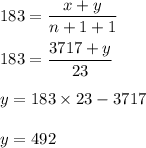 183 =\dfrac{x+y}{n+1+1}\\\\183 = \dfrac{3717+y}{23}\\\\y = 183\times 23 - 3717\\\\y=492