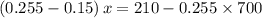 (0.255 - 0.15)\, x= 210 - 0.255 \times 700