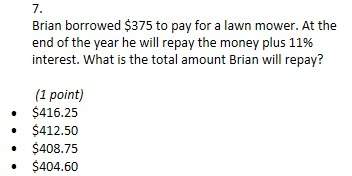 7.  brian borrowed $375 to pay for a lawn mower. at the end of the year he will repay the mone