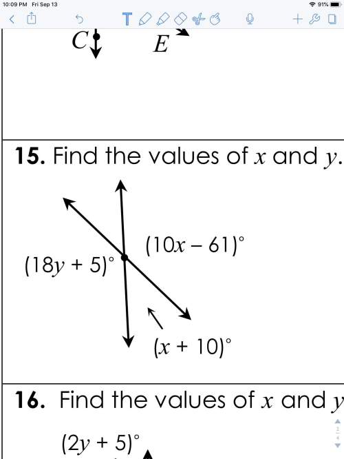 Find the values of x and y.(10x – 61)°(18y + 5)°(x + 10)°&lt;