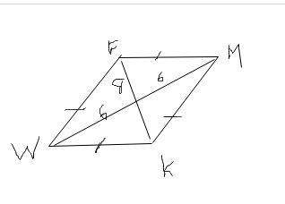 "in rhombus fmkw mw=12 fk=16 m angle mfk=36.9  find the lengths of all the s