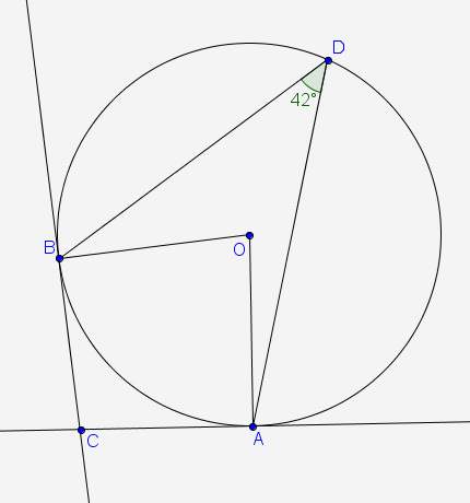 Ac ← → and bc ← → are tangent to circle o at points a and b, respectively. if m∠adb = 42°, what is m