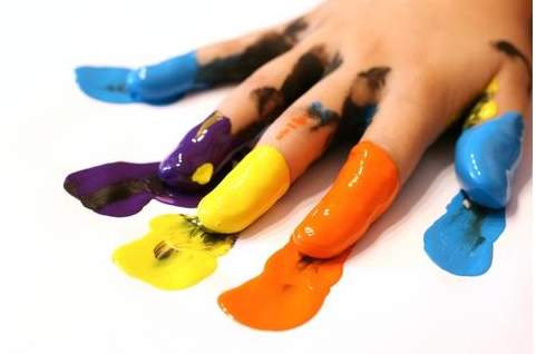 "this image shows a child's fingers dipped in paint colours and smeared on blank paper. what type of