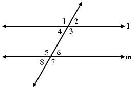 If m&lt; 8 = 70°, find m&lt; 4 assume l || m