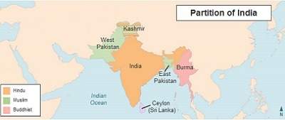 The map below shows the partition of india. which two areas became separate muslim majorities after