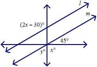 If l║m, find the value of x and the value of y. a.x=75, y=60 b.x=82, y=53