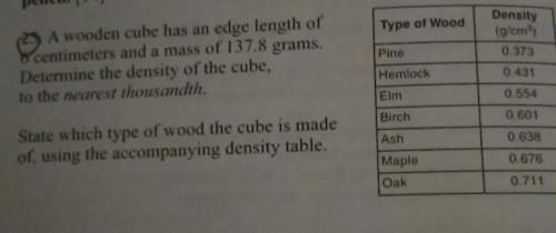 Awooden cube has an edge length of 6 centimeters and a mass of 137.8 grams. determine the density of