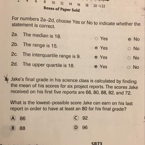 Jake's final grade in his science class is calculated by finding the mean of his scores for six proj