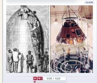 The apollo 11 command module (right) and a drawing of the fictional space ship described by jules ve