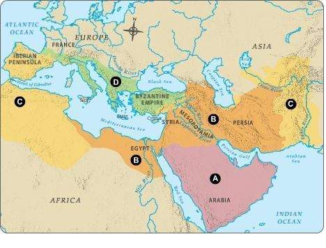 "which region shows how far islam had spread 100 years after muhammad's death?  c