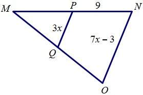 If line qp is a midsegment of triangle mno, find x.