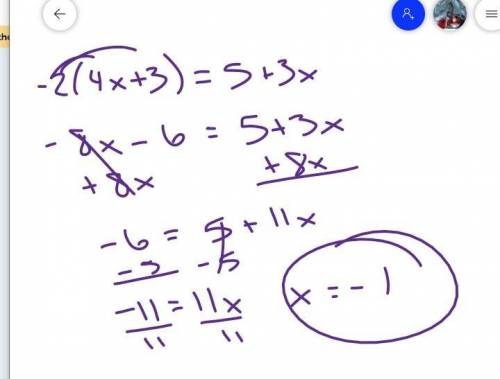 What is the solution to the following equation? 
−2(4x+3)=5+3x