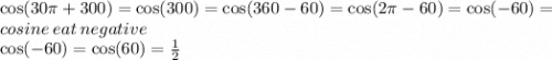 \cos(30\pi + 300) =  \cos(300) =  \cos(360 - 60) =  \cos(2\pi - 60) =  \cos( - 60) =  \\ cosine \: eat \: negative \\  \cos( - 60) =  \cos(60) =  \frac{1}{2}